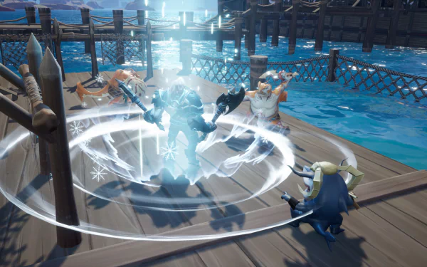 HD Tarisland desktop wallpaper featuring characters engaged in a magical battle on a wooden pier with water and structures in the background.