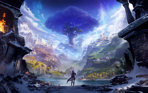 HD desktop wallpaper of Tarisland featuring an enchanting fantasy landscape with a warrior overlooking a picturesque valley under a mystical sky.