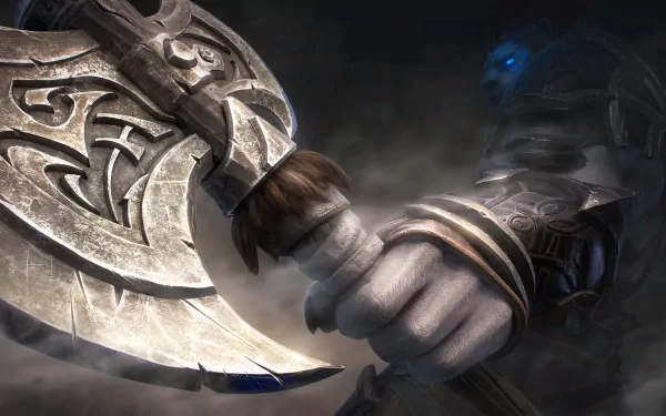 HD wallpaper of a fantasy warrior's armored hand gripping a battle axe on a mystical Tarisland-themed background.