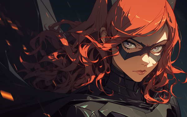HD wallpaper featuring a dynamic illustration of Batgirl with flowing red hair and a determined expression, perfect for a superhero-themed desktop background.