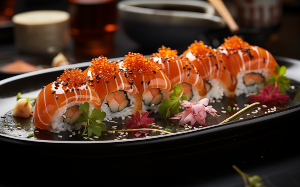 HD desktop wallpaper featuring a vibrant plate of sushi with delicate fish roe topping, perfect for a food-themed background.