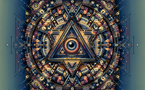 HD desktop wallpaper featuring an ornate Illuminati-inspired triangle design with an eye motif and intricate geometric patterns.