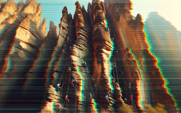 HD desktop wallpaper featuring an abstract artistic interpretation of rock climbing on towering cliffs with vibrant digital effects.