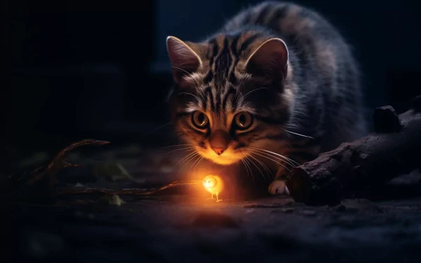 Glowing-eyed cat surrounded by a dark ambiance, depicted in AI art style, perfect as an HD desktop wallpaper background.