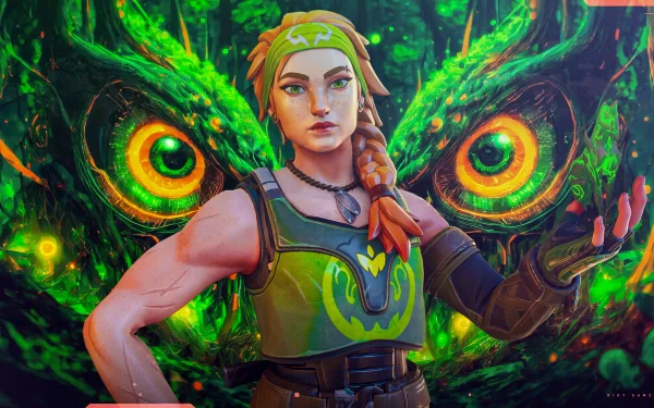 HD PC desktop wallpaper featuring Skye from the video game Valorant, with vibrant green tones and a fierce, glowing owl backdrop.