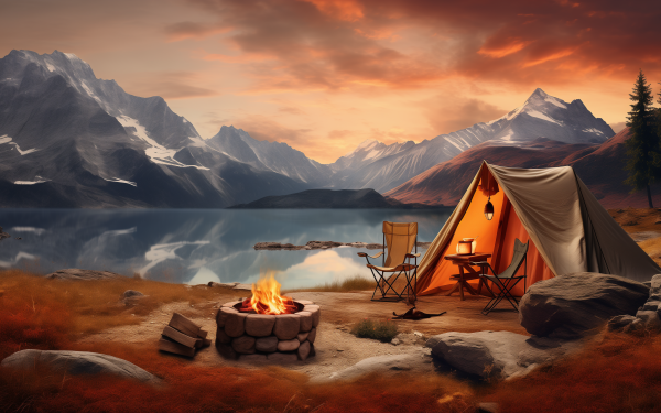 HD desktop wallpaper of a serene camping scene with a tent, campfire, and mountains by a lake at sunset.