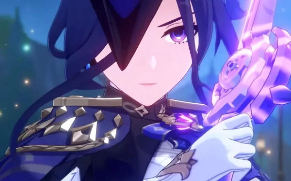 A high-definition desktop wallpaper featuring Clorinde from Genshin Impact, showcasing her fierce expression and elegant sword amidst a magical, colorful background.