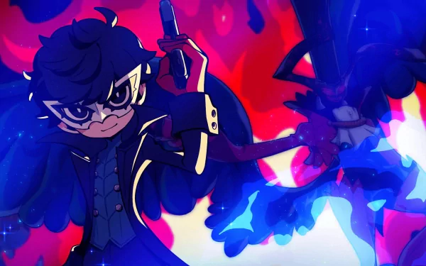 A dynamic HD wallpaper from Persona 5 Tactica, featuring a character wielding a gun against a vibrant, colorful backdrop, capturing the game's unique art style and energy.