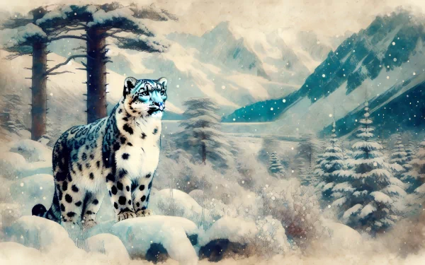 A majestic snow leopard stands in a snowy landscape, surrounded by trees and mountains, creating a serene HD desktop wallpaper and background.