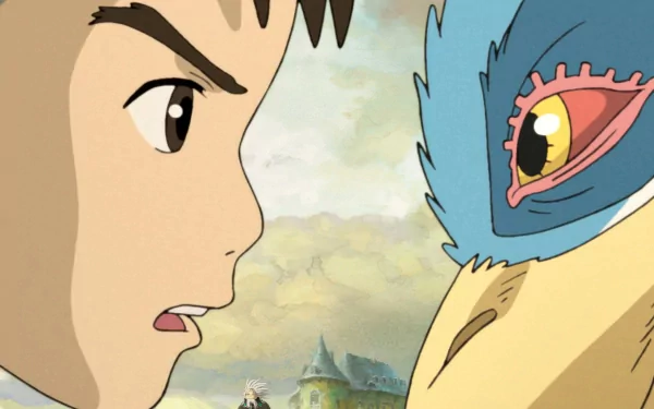 HD desktop wallpaper featuring a close-up illustration of a boy gazing intently at a heron, with a hint of a castle in the background. Tagged The Boy and the Heron.