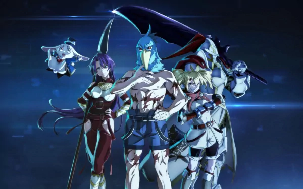 HD desktop wallpaper of Shangri-la Frontier characters posed against a space-like blue background.