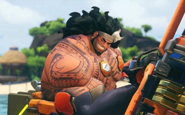 HD desktop wallpaper featuring Mauga from Overwatch 2, showcasing his muscular build and distinct tattoos, set against a vibrant beach backdrop.
