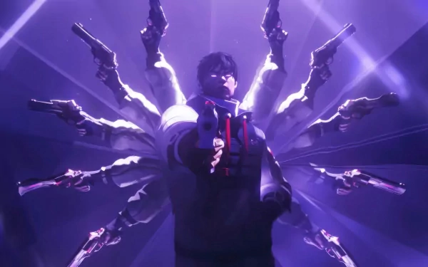 HD desktop wallpaper featuring a character surrounded by multiple guns with a glowing purple background, representing themes from Overwatch 2 and Valorant's Iso.