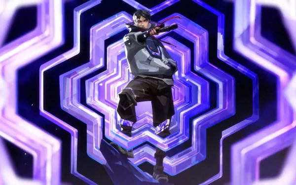 Valorant's Iso character wielding a weapon in dynamic pose with blue hexagonal patterns, HD wallpaper for desktop background.