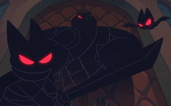 HD desktop wallpaper featuring characters from Mao Mao: Heroes of Pure Heart, with glowing red eyes in a shadowy setting.