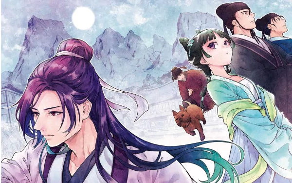 HD desktop wallpaper featuring characters from The Apothecary Diaries, including Maomao in a traditional setting with mountainous backdrop.