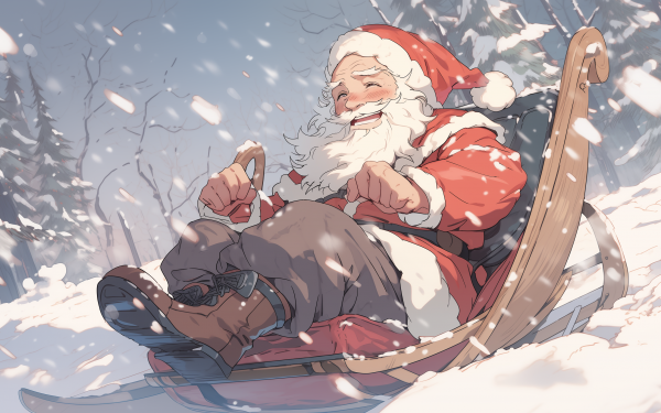 Joyful Santa Claus sledding through a snowy landscape, perfect for HD Christmas desktop wallpaper.