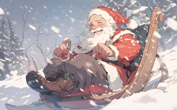 A joyful Santa Claus in a red suit rides a sled through a snowy landscape, embodying the spirit of the holiday season. This festive HD wallpaper captures the magic of Christmas.