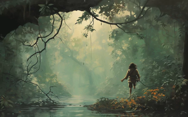A young adventurer walks through a mystical forest, surrounded by lush greenery and soft light reflecting off a tranquil river, capturing the essence of a fantasy adventure.
