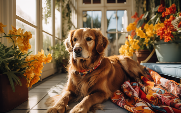 Golden Retriever dog relaxing in a sunny room with flowers, perfect for HD desktop wallpaper and background.