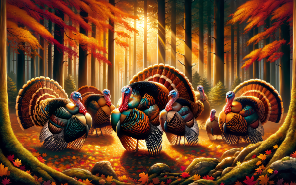 Colorful turkeys in a sunlit autumn forest HD wallpaper background.