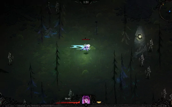 HD desktop wallpaper featuring a scene from the game Death Must Die with dark forest background and central character in combat stance.