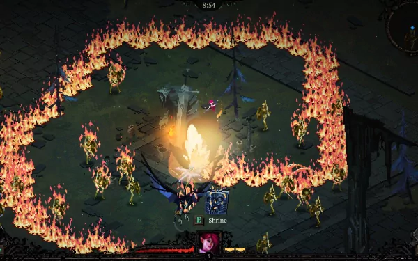 HD wallpaper featuring 'Death Must Die' game scene with a fiery ring and a central character engaging in combat.