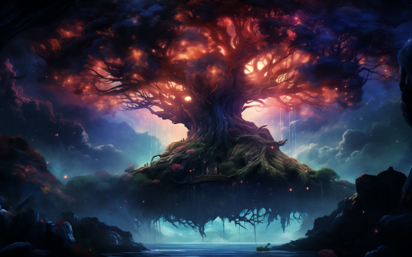 HD wallpaper of the mythical Yggdrasil tree in a mystical landscape, perfect for desktop background.