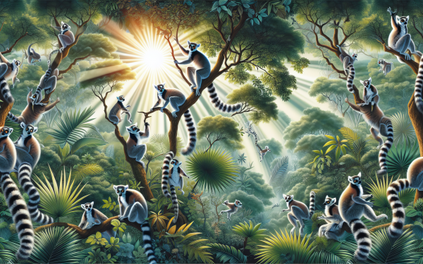 HD desktop wallpaper featuring a vibrant illustration of lemurs in a lush tropical forest with a radiant sunrise in the background.