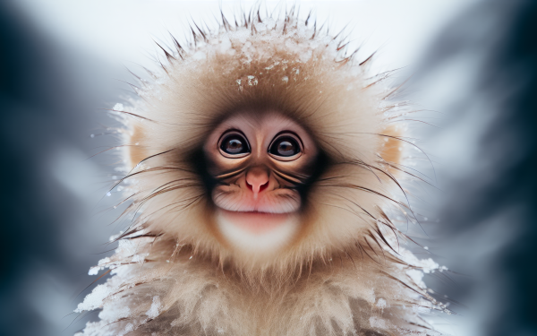 HD wallpaper of a snow monkey with snowflakes on its fur, perfect for a desktop background.