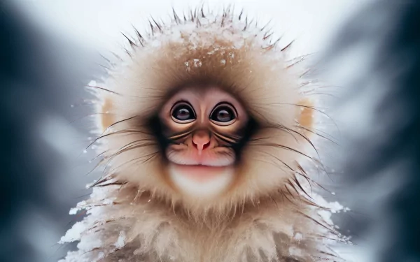 A charming snow monkey with wide eyes and a fluffy head is featured against a snowy backdrop, making a captivating HD desktop wallpaper and background.