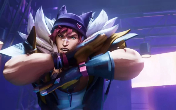 HD desktop wallpaper featuring Sett from League of Legends equipped with Heartsteel, set against a vibrant purple background.