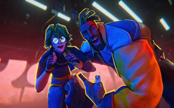 Vibrant HD wallpaper featuring Heartsteel characters Ezreal and K'Sante from League of Legends, showcasing their dynamic poses and colorful background in an engaging video game scene.