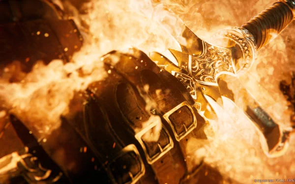 A striking HD wallpaper from Final Fantasy XIV: Dawntrail, featuring a beautifully designed sword amidst dynamic flames, conveying a sense of adventure and excitement.