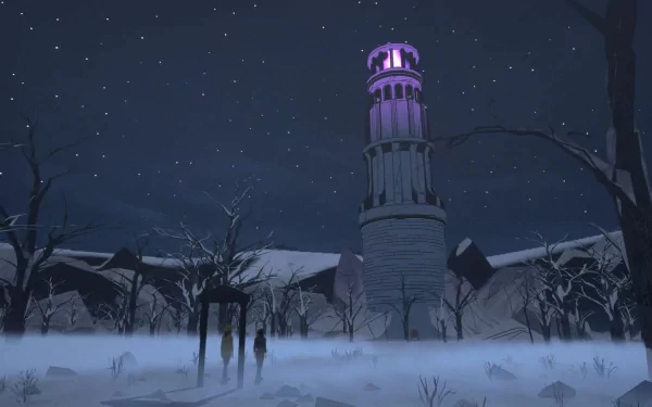 HD desktop wallpaper featuring an atmospheric scene from Stray Gods: The Roleplaying Musical with a glowing tower at night amidst a snowy landscape and a starry sky.