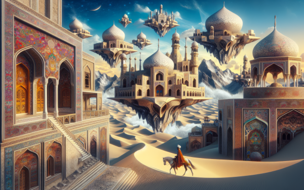 HD Prince of Persia-themed desktop wallpaper featuring a mystical desert cityscape with floating palaces and a lone rider on horseback.