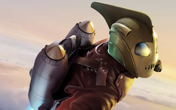 HD PC desktop wallpaper featuring The Rocketeer from the movie, soaring through the sky with a jetpack against a soft, colorful background.