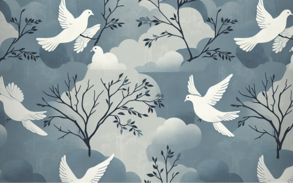 HD wallpaper featuring a peaceful pattern of white doves in flight among stylized trees and clouds on a blue background.