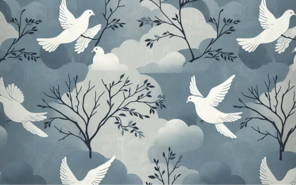 HD wallpaper featuring a peaceful pattern of white doves in flight among stylized trees and clouds on a blue background.