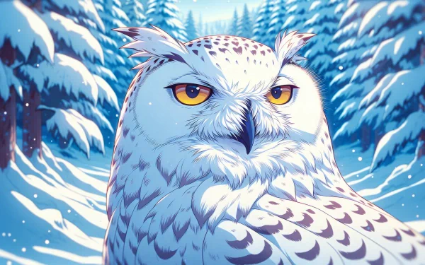 A beautifully illustrated snowy owl stands prominently against a backdrop of snowy trees, designed as an HD desktop wallpaper and background.