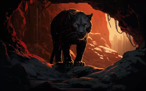 A striking HD wallpaper of a black panther emerging from a cave, bathed in warm light and surrounded by rocky terrain, showcasing the animal's powerful presence and mystique.