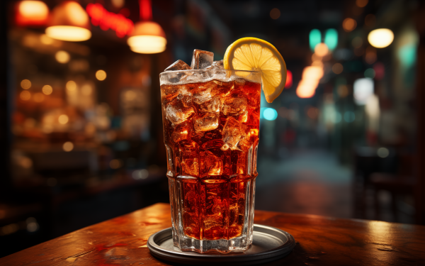 HD wallpaper of a refreshing glass of Coca-Cola with ice and lemon slice, set against a blurred bar background.