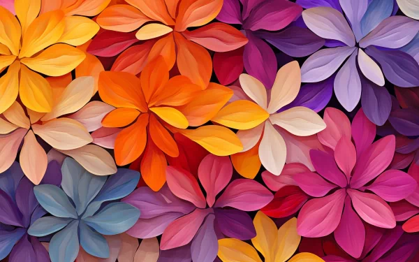 Colorful flower petals in vibrant orange, purple, and pink shades forming an HD floral desktop wallpaper background.