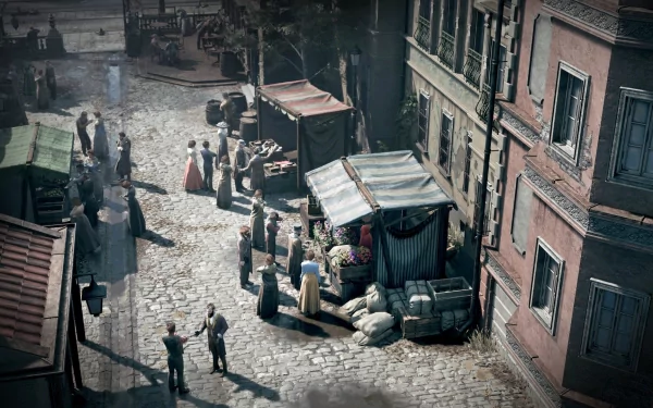 High-definition desktop wallpaper of The Thaumaturge featuring a bustling street scene with people and market stalls, capturing the ambiance of a historical urban setting.