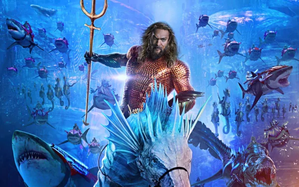 HD wallpaper of Aquaman from Aquaman and The Lost Kingdom movie featuring the hero with trident among underwater creatures.