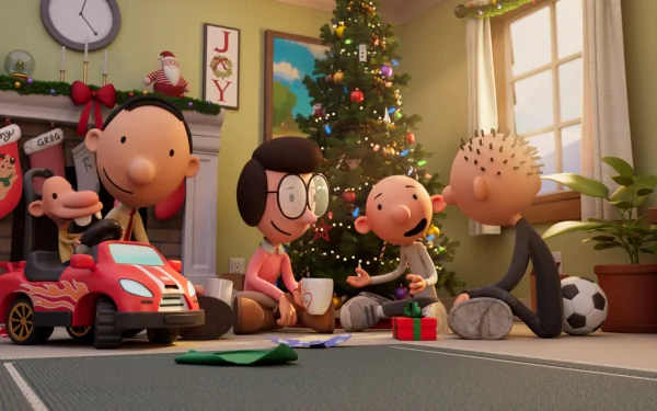 Diary of a Wimpy Kid Christmas: Cabin Fever HD wallpaper featuring animated characters enjoying Christmas morning with gifts and a decorated tree.