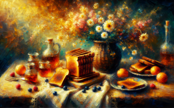 Impressionist style HD desktop wallpaper featuring a still life with toast, fruits, flowers, and a honey pot, perfect as a vibrant and artistic background.