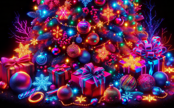 Vibrant and colorful Merry Christmas HD wallpaper featuring a decorated tree with twinkling lights and surrounded by vividly wrapped gifts, ideal for a festive desktop background.