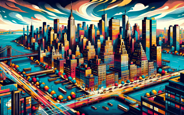 Colorful stylized illustration of Manhattan skyline as HD desktop wallpaper and background.