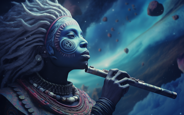 Artistic HD wallpaper of a person playing the flute with cosmic background, perfect for desktop and screen background.
